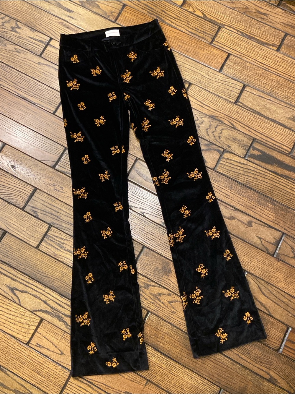 DRIFTWOOD 100% Cotton Jackie Black Velour Bootcut Pants w/Floral Embroidery US 6